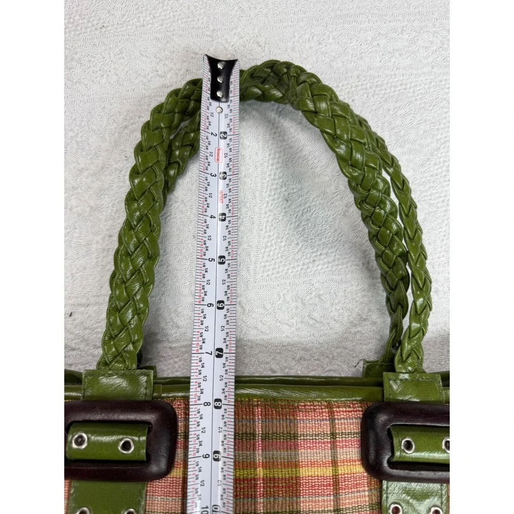 Plaid Tote‎ Bag Green Faux Leather Trim Braided Handles